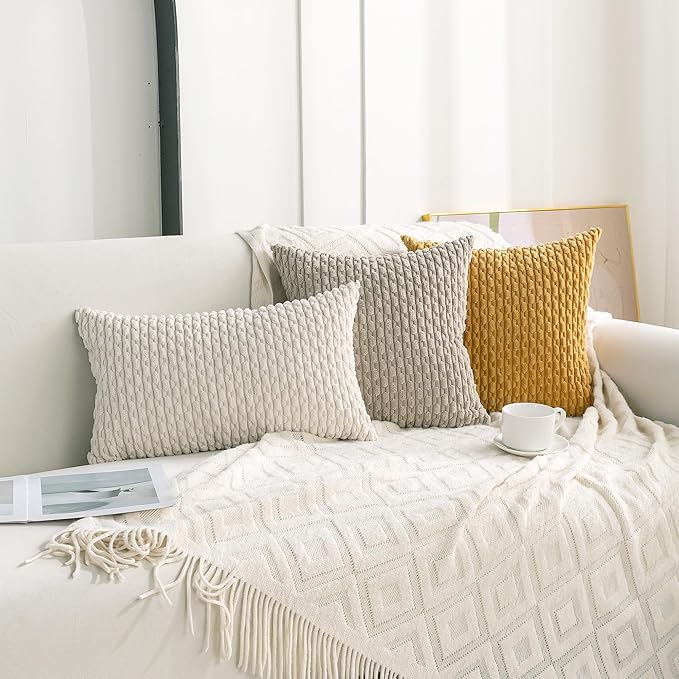 Set of 4 Mustard Yellow Decorative Throw Pillow Covers 20x20 Inch Corduroy Pillow Covers for Bed Couch Sofa Living Room Soft Square Cushion Cases