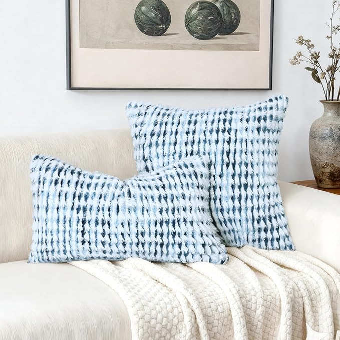 Boho Chenille Tufted Pillow Cover 18x18 Inch Set of 1, Farmhouse Striped Decorative Pillow Covers Accent Fluffy Neutral Square Pillowcases for Couch Sofa Bedroom Living Room, Blue White