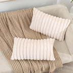 ZLINA Set of 2 Beige Faux Fur Decorative Throw Pillow Covers Fluffy Striped Pillowcase Cushion Covers 12 x 20 Inch Decor Sofa Couch Bedroom