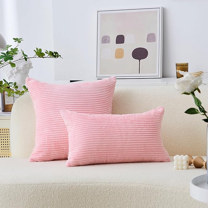 Home Brilliant Pink Euro Sham Covers for Couch Super Soft Striped Velvet Pillow Covers 24x24 Pillow Cases for Party, Set of 2, 60cm, Pink