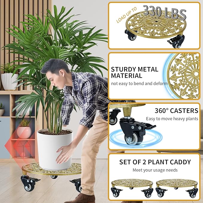 2 Pack 11 Inch Gold Metal Plant Caddy with Wheels, Round Rolling Plant Stand Heavy Duty Indoor Outdoor Planter Dolly, Plant Pot Mover for Large Flower Pots and Planters