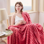NEWCOSPLAY Super Soft Throw Blanket Coral Pink Premium Silky Flannel Fleece 3D Ribbed Jacquard Lightweight Bed Blanket All Season Use (Coral Pink Ribbed, Throw(50"x60"))