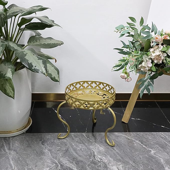 OwnMy Metal Round Plant Stand Indoor Outdoor Flower Pot Holder, Heavy Duty Iron Plant Stand Display Potted Rack for Home, Garden, Patio, Golden Color