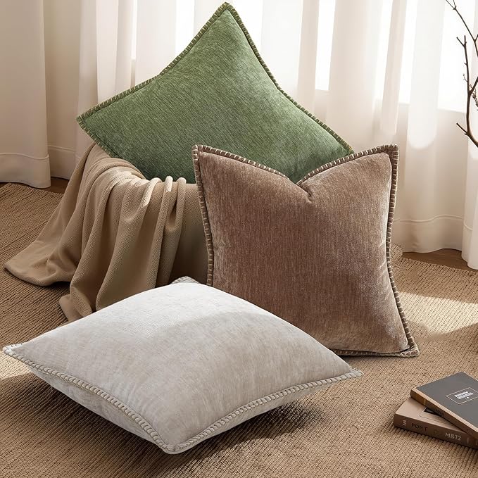 decorUhome Chenille Soft Cozy Throw Pillow Covers 22x22 Set of 2, Modern Farmhouse Boho Velvet Decorative Euro Sham Pillow Cases with Stitched Edge for Couch Sofa Bed Home Decor, Brown