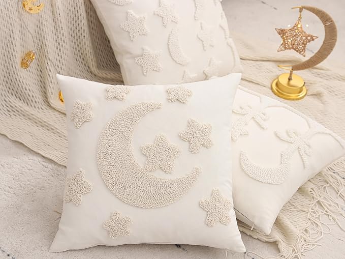 Tosleo Ramadan Pillow Covers 18x18 inch Set of 2 Beige Tufted Embroidery Throw Pillow Covers Ramadan Eid Mubarak Cushion Covers Moon and Star Decorations for Home Couch Sofa Outdoor