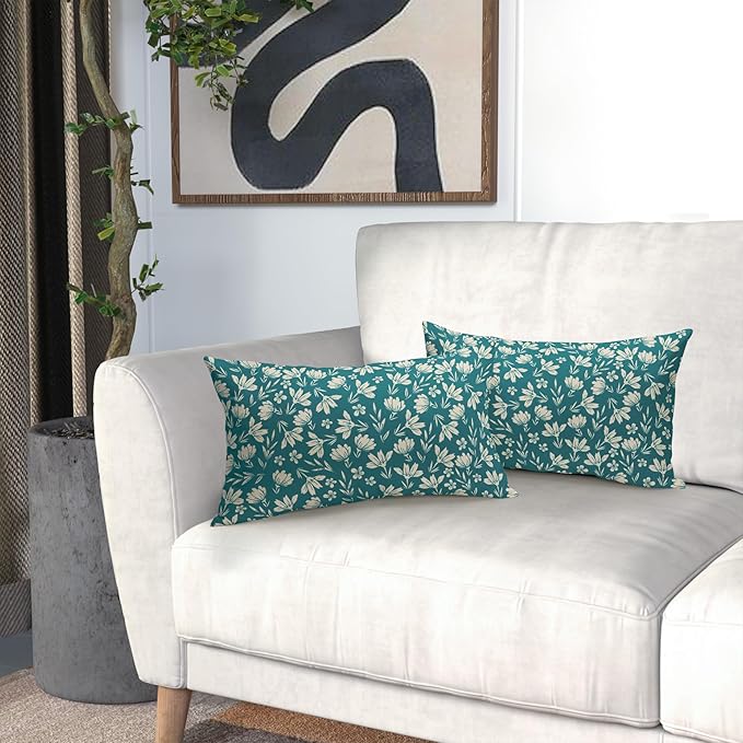 Teal Pillow Covers 12x20 Set of 2 Vintage Floral Rustic Old Style Cute Flower Print Rectangle Decorative Outdoor Pillowcases Seasonal Farmhouse Throw Cushion Case Couch Sofa Bed Decor