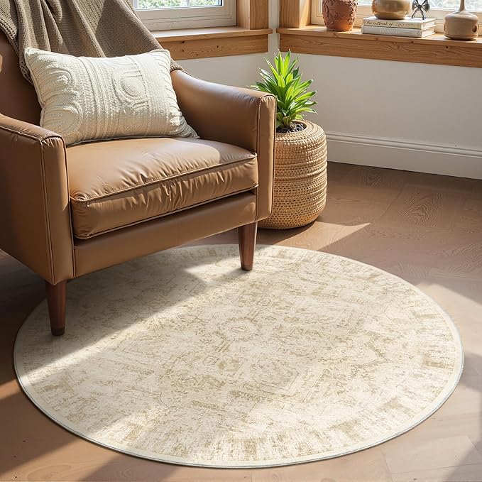 Neutral Beige Round Rugs 5ft, Washable Non Slip Thin Circle Rugs for Bedroom Living Room, Traditional Medallion Printed Circle Carpet 5 feet for Kitchen Dining Room