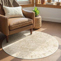 Beige Round Rugs 4ft, Low Pile Thin Washable Non Slip Small Circle Rug for Entryway Kitchen Dining Room, Tranditional Medallion Distressed Neutral Round Carpet for Bedroom Living Room