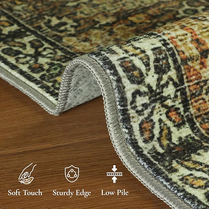 GENIMO 6x9 Area Rugs for Living Room, Machine Washable Low Pile Rugs, Chenille Non Alip Vintage Rug for Bedroom, Dining Room, Home Office, Bronze Olive