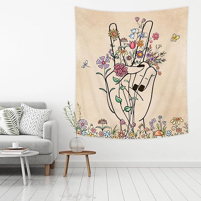 SVBright Peace and Love Beige Tapestry Abstract Hand Flower Botanical Wall Hanging 51Wx59H Inch Minimalist Hippie Floral Line Art Colorful Modern Finger Home Decor for Living Room Bedroom Dorm Fabric