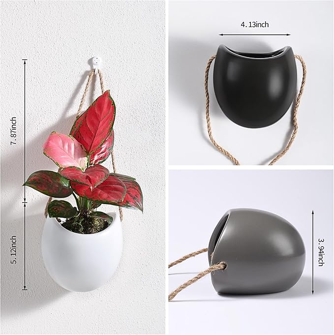 Set of 3 Ceramic Hanging Planters for Small Plants & Artificial Greenery, Wall Decor for Bathroom Living Room Bedroom Home Office Corridors