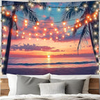 AOHMPT Ocean Sunset Tapestry, Beach Evening Sunset Tapestry, Natural Beach Palm Tree Landscape Poster, Seaside Landscape Wall Hanging for Bedroom, Dorm Room and Living Room Wall Decor 79" L x 59" W