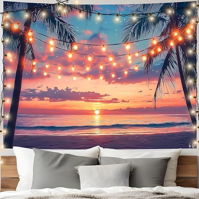AOHMPT Ocean Sunset Tapestry, Beach Evening Sunset Tapestry, Natural Beach Palm Tree Landscape Poster, Seaside Landscape Wall Hanging for Bedroom, Dorm Room and Living Room Wall Decor 79" L x 59" W