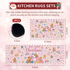 Gingerbread Man Candy Cane Christmas Rugs for Kitchen Floor, Mats for Kitchen Floor Non Slip, 2PCS Rubber Kitchen Mat, Washable Cushioned Runner Carpet Rug for Sink Laundry 15.7"×27.5" +15.7"×47" Pink