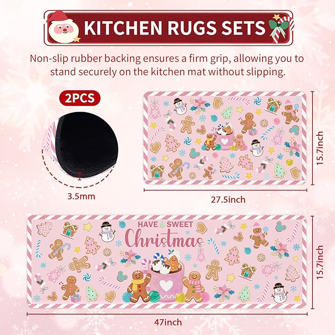 Gingerbread Man Candy Cane Christmas Rugs for Kitchen Floor, Mats for Kitchen Floor Non Slip, 2PCS Rubber Kitchen Mat, Washable Cushioned Runner Carpet Rug for Sink Laundry 15.7"×27.5" +15.7"×47" Pink