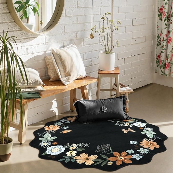 Lahome Floral Round Area Rugs, Washable Small Round Rug 3ft Non-Slip, Soft Boho Ultra-Thin Circle Carpet for Bedroom Entryway Kitchen Laundry Bathroom Flore, Black/Grey