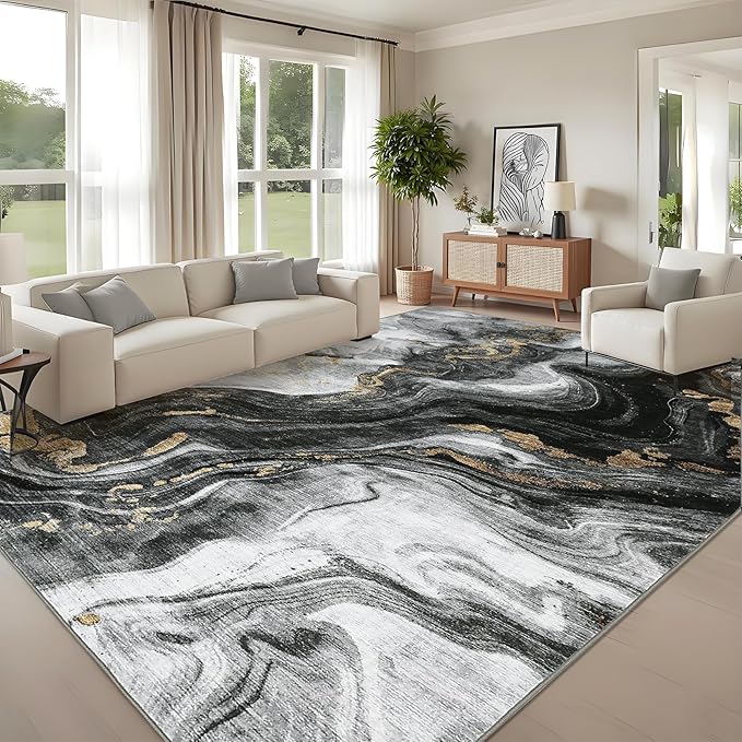 GarveeHome Modern Washable Rugs 6x9 Neutral Abstract Throw Rugs, Non-Slip Abstract Accent Carpet with Marble Swirl Pattern, Stain-Resistant Low Pile Indoor Carpet Rug for Living Room, Bedroom, Black
