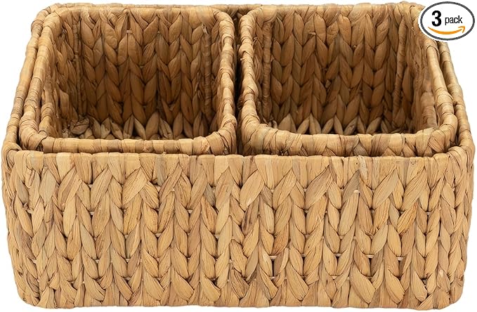 HOMESTEAD Water Hyacinth Storage Baskets, Rectangular Wicker Baskets for Bedroom, Living Room, Bathroom, Shelves - Set of 3