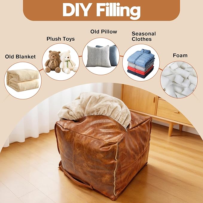 2PCS 17 * 17 * 13in Unstuffed Ottoman Pouf Cover DIY Fillable Faux Leather Storage Floor Pouf Square Unstuffed Ottoman Foot Rest Footstool with Handle for Living Room Bedroom Home Storage