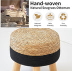 Round Ottoman Natural Seagrass Footstool, Foot Stool with 4 Wood Legs, Hand Woven Round Footstool, Sofa Stool, Multifunctional Modern Dressing Stool, Sofa Side Table for Bedroom (Black)