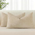decorUhome Chenille Beige Spring Throw Pillow Covers 12x20 Inch Set of 2, Decorative Soft Couch Pillow Covers Solid Dyed Accent Farmhouse Neutral Rectangle Pillow Cases for Sofa