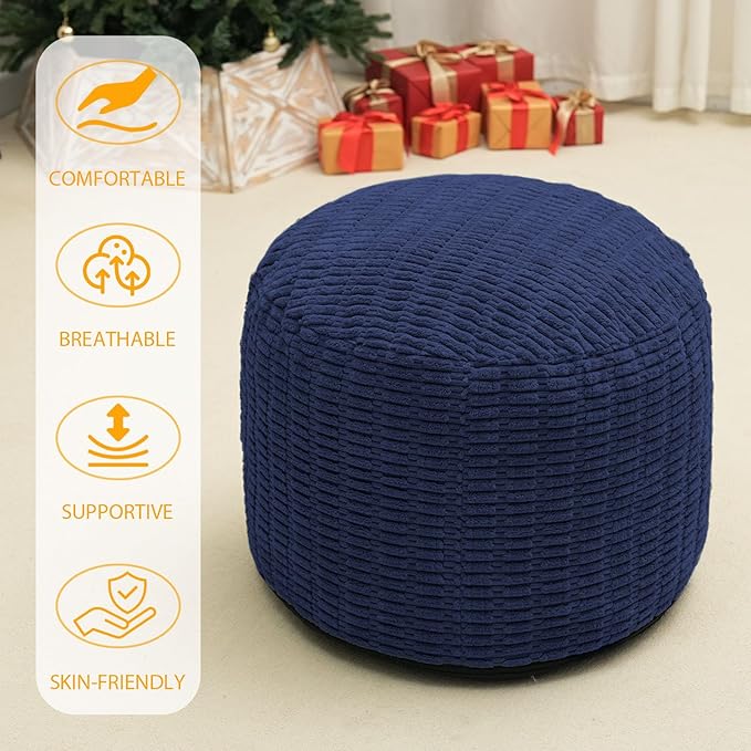 Round Stuffed Pouf Ottoman for Foot Rest, Storage Ottoman Pouf Foot Stool Cushion, Faux Fur Poufs with Foam Chunk Filling, 26 X 18 Inch Floor Chair for Living Room Bedroom Home Decor, Navy Blue
