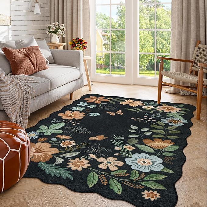 Lahome Floral Washable Rugs for Bedroom, 4X6 Living Room Rug Ultra-Thin, Non-Slip Soft Stain Resistant Boho Throw Carpet for ‎Office Entryway Dining Room Flore (4x6ft,Black/Grey)