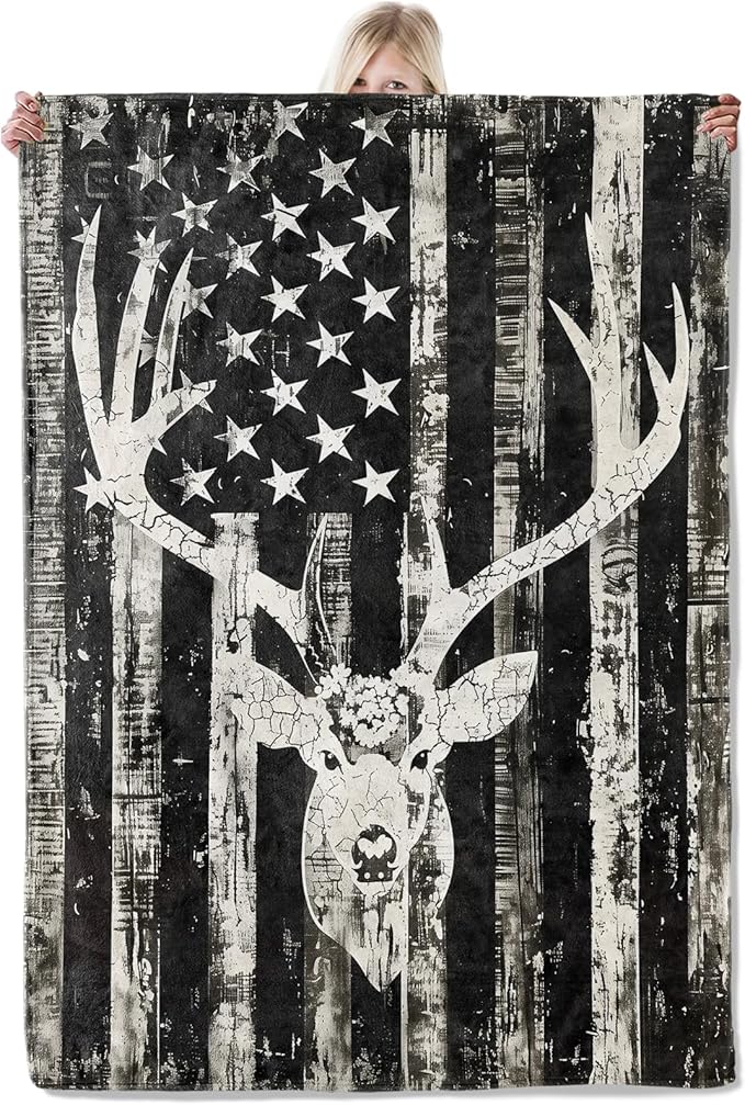 Rustic Deer Head American Flag Flannel Blanket 40x50in,Black and White Distressed Patriotic Hunting Decor,Soft Lightweight Gifts Throw for Outdoorsmen,Hunters,Cabin and Rustic Style Fans