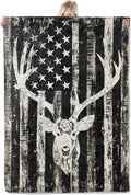 Rustic Deer Head American Flag Flannel Blanket 50x60in,Black and White Distressed Patriotic Hunting Decor,Soft Lightweight Gifts Throw for Outdoorsmen,Hunters,Cabin and Rustic Style Fans