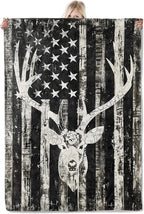 Rustic Deer Head American Flag Flannel Blanket 50x60in,Black and White Distressed Patriotic Hunting Decor,Soft Lightweight Gifts Throw for Outdoorsmen,Hunters,Cabin and Rustic Style Fans