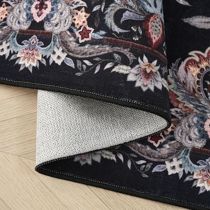 Rugcomf Vintage Paisley Rugs for Living Room 5'x7' - Machine Washable Area Rug, Non-Slip Low Pile Floral Carpet for Bedroom, Dining Room, Farmhouse, Office, Kids Playroom - Black