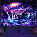 Lahasbja Galaxy Tapestry, Trippy Planet Wall Art, UV Reactive Waterfall Landscape, Mysterious Neon Plants, Polyester, for Bedroom, Living Room, Office