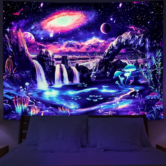 Lahasbja Blacklight Galaxy Planet Tapestry UV Reactive Waterfall Landscape Tapestry Mountain Wave Wall Tapestries Neon Nebula Plants Wall Hanging for Room
