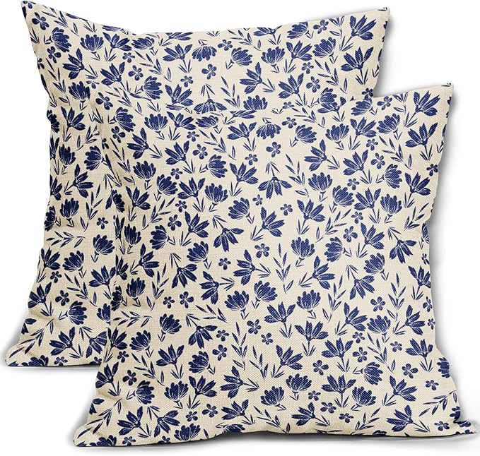 Navy Blue Floral Pillow Covers 18x18 Set of 2 Vintage Rustic Old Style Cute Small Flower Blue Cream Print Decorative Outdoor Pillowcases Farmhouse Throw Cushion Case Decor for Couch Sofa Bed