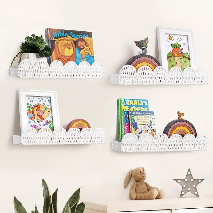 AELS Scalloped Nursery Bookshelf, Set of 4, Picture Ledge Shelf for Wall Decor, Woven Natural Fibre Floating Shelves for Books, Toys, Photo Frames, Nursery, Boho Modern Farmhouse Book Shelf, White
