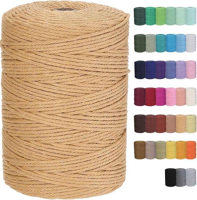 Cotton Macrame Cord 3mm 328yards Natural Colored Macrame Supplies, Soft Craft Cotton Rope for Plant Hanger Wall Hanger Dreamcatcher (Latte)