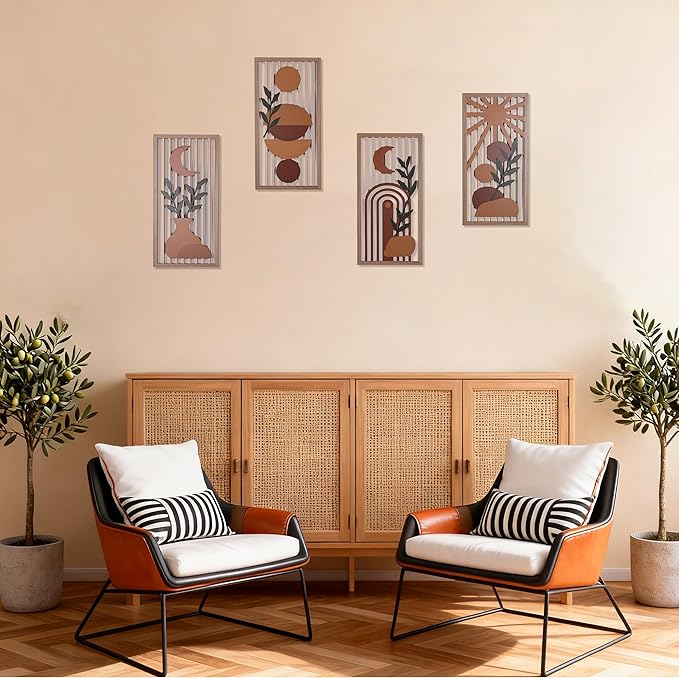 Orange Boho Wall Art Set of 4, Abstract Geometric Wooden Terracotta Wall Decor, Mid-Century Modern Aesthetic Artwork with Arch, Vase & Botanical Design for Modern Home Decor for Bedroom, Office & Living Room(B)