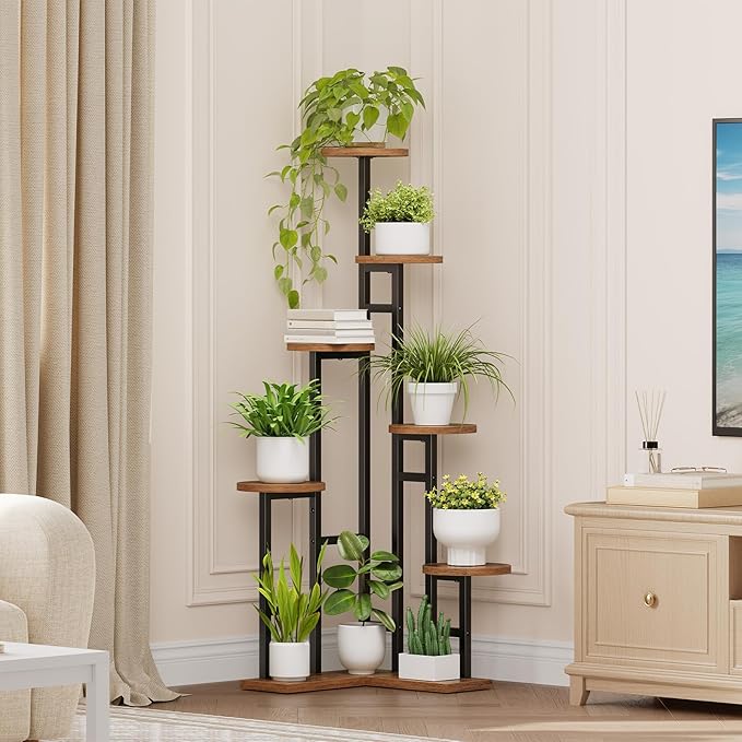 HOOBRO Corner Plant Stand Indoor, 7-Tier Plant Shelf for Multiple Indoor Plants, Corner Plant Rack Organizer, Round Flower Stand, for Living Room, Balcony, Patio, Rustic Brown and Black BF02HJ01
