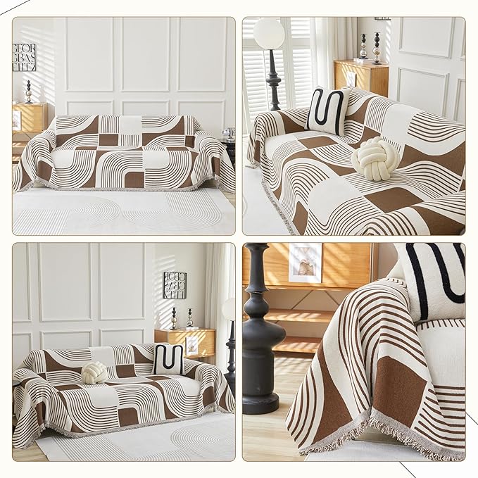Boho Couch Cover Sofa Covers Washable, Chenille Couch Covers for 3 Cushion Couch Sofa Pet Friendly, Bohemian Sofa Slipcovers for Sectional Sofa, Loveseat, 2 3 4 Seater (71" x 102", Coffee)