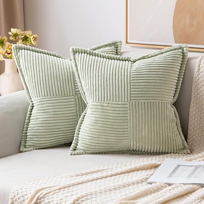 MIULEE Spring Decorative Throw Pillow Covers for Couch Bed Livingroom 16x16 Inch Set of 2 Light Green Boho Accent Throw Pllows Broadside Striped Patchwork Soft Corduroy Summer Pillowcases