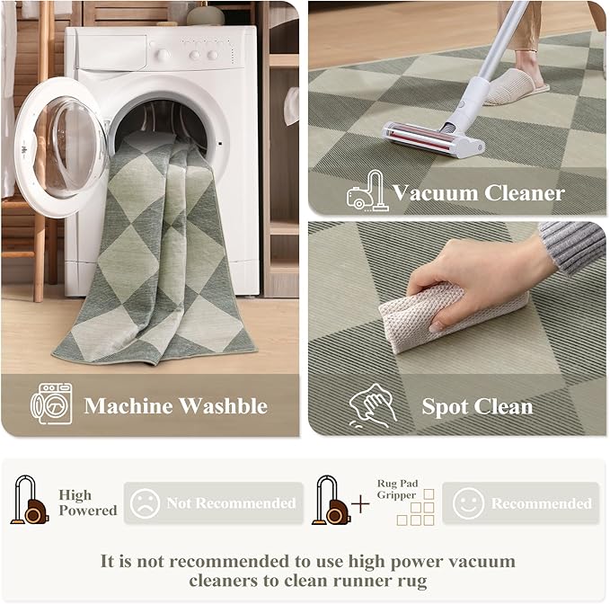 Beeiva Checkered Washable Entryway Rug 2x3, Non Slip Ultra Thin Green Front Door Mat Indoor Entrance Low Pile Small Kitchen Rug, Moroccan Contemporary Decor Neutral Accent Carpet for Bedroom Bathroom