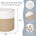 11" Wicker Plant Basket, Jute Spliced Cotton Rope Woven Basket Planter for 10 inch Pot, Indoor Decorative Flower Pot Cover, Boho Bin for Artificial Trees, Small Round Bin for Decor