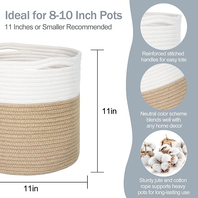 11" Wicker Plant Basket, Jute Spliced Cotton Rope Woven Basket Planter for 10 inch Pot, Indoor Decorative Flower Pot Cover, Boho Bin for Artificial Trees, Small Round Bin for Decor