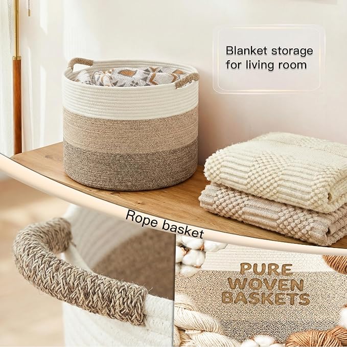 100L Large Cotton Rope Basket, Decorative Woven Blanket Storage for Living Room, Boho Toy Storage & Toy Box for Kids, Versatile Laundry Basket & Nursery Hamper for Blankets(BrownYellow)