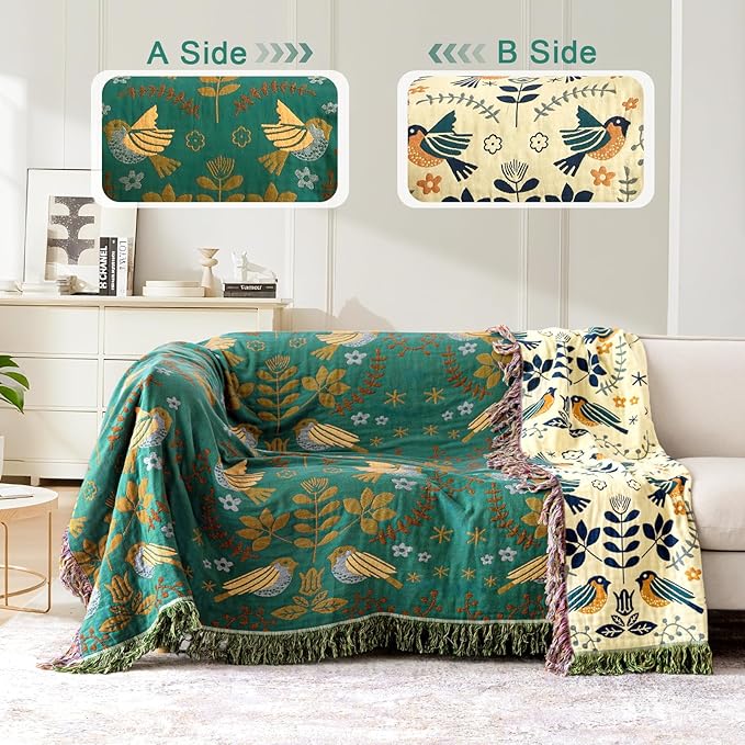 Boho Throw Blanket 60"x80", Soft Cozy 100% Cotton Blanket for Bed, Spring Blankets with Floral Bird Farmhouse Decor Breathable Lightweight King Size All Season