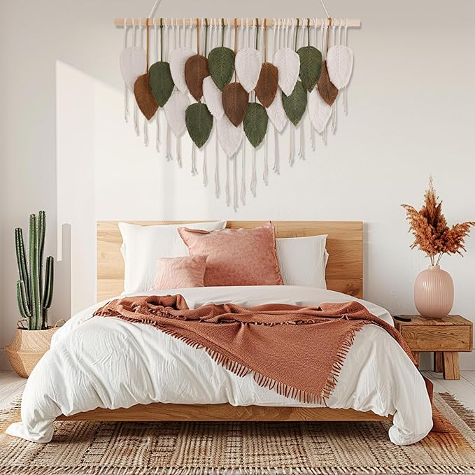 Tiaforza Macrame Wall Hanging Decor Art, Handmade Leaf Feather Woven Boho Wall Tapestry, Ideal Decor for Apartment, Bedroom, Living Room, Office and Dining Area, Size 39" W x 29.5" L
