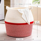 KAKAMAY Woven Baskets for Storage(17"x17"),Large Cotton Rope Woven Baby Laundry Hamper,Collapsible Laundry Basket, Blanket Basket for Organizing Living Room,Nursery,Pillows,Toy Chest(Red)