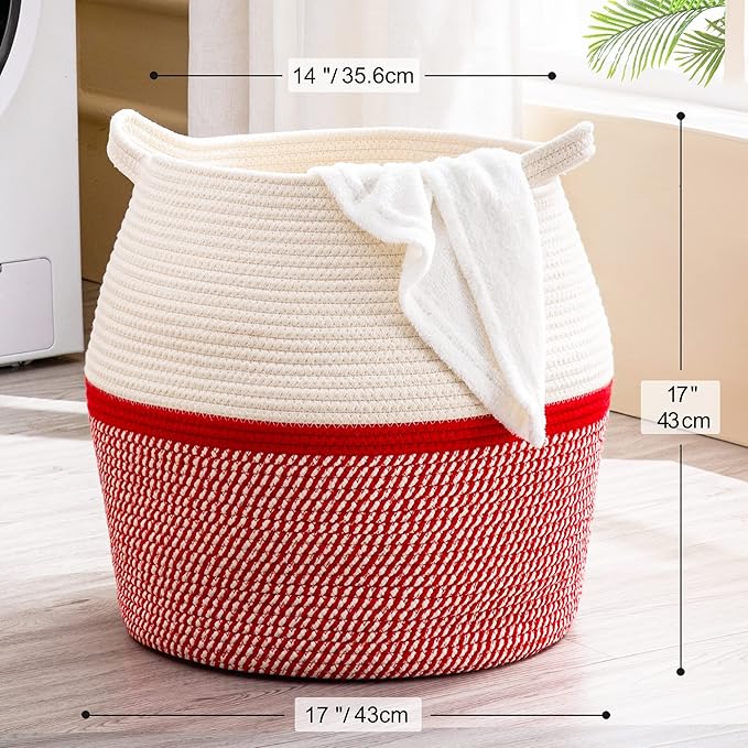 KAKAMAY Woven Baskets for Storage(17"x17"),Large Cotton Rope Woven Baby Laundry Hamper,Collapsible Laundry Basket, Blanket Basket for Organizing Living Room,Nursery,Pillows,Toy Chest(Red)