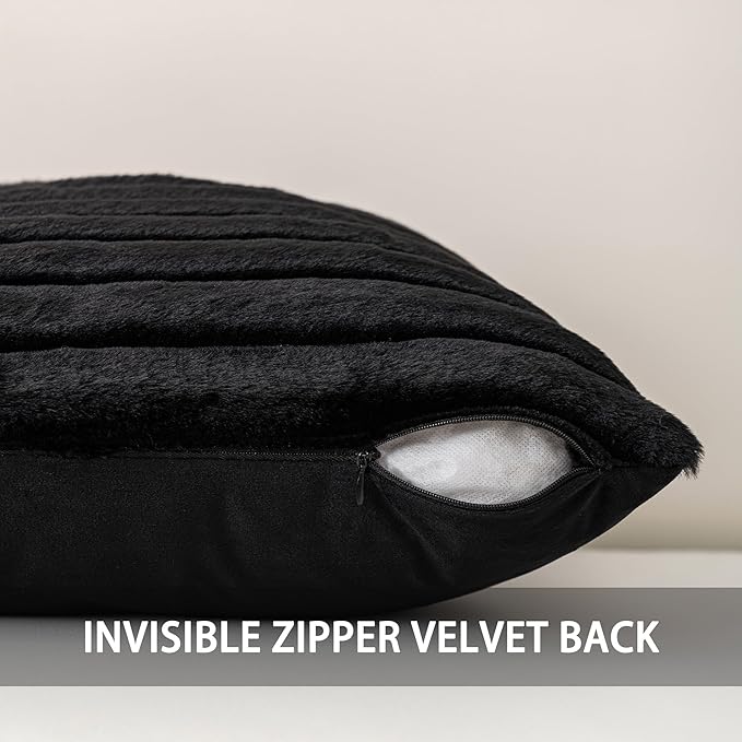 Pack of 2 Faux Fur Fall Throw Pillow Covers 16x16 Inch, Soft Plush Striped Neutral Couch Pillow Cover, with Velvet Back Modern Home Decor for Sofa Living Room Couch Bed Black