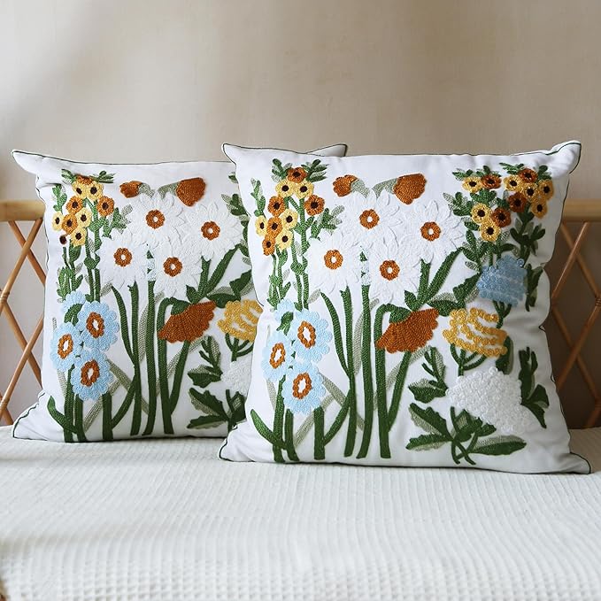 2Pcs Throw Pillow Covers, Boho Daisy Floral Embroidered Pillow Case Soft Decorative Pillowcases for Home Sofa Couch 18x18 Inch